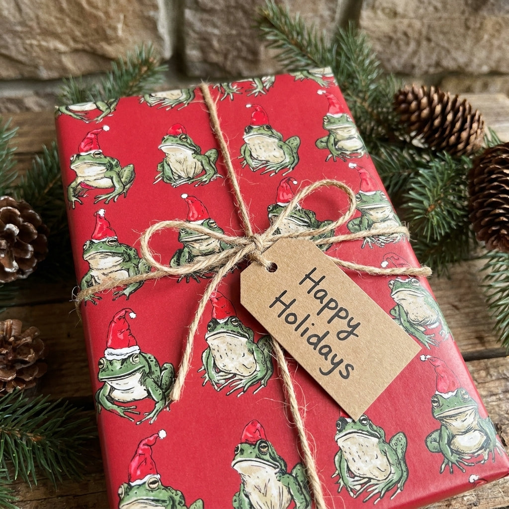 Funny frog Christmas wrapping paper with a Happy Holidays gift tag, by Wrapped Studios.