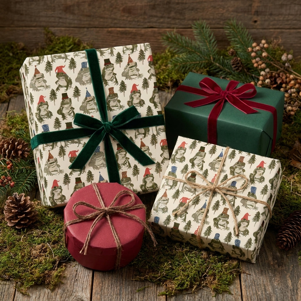 Whimsical frog Christmas gift wrap with green velvet ribbon on rustic holiday boxes by Wrapped Studios.