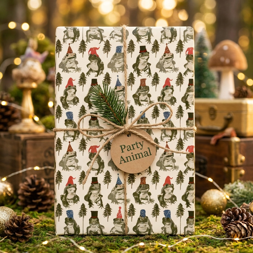 Playful frog birthday wrapping paper with rustic twine and party animal tag by Wrapped Studios.