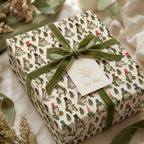 Whimsical frog Christmas wrapping paper with olive velvet ribbon on a gift box by Wrapped Studios.