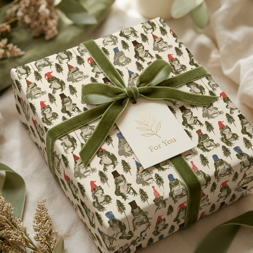 Whimsical frog Christmas wrapping paper with olive velvet ribbon on a gift box by Wrapped Studios.