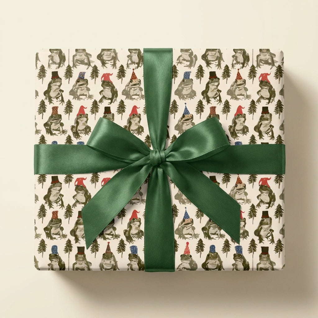 Cute frog wrapping paper with pine trees, party hats, and a green satin bow by Wrapped Studios.