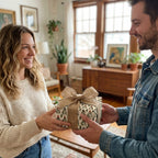 Couple exchanging a Christmas gift in whimsical frog wrapping paper with a burlap bow, by Wrapped Studios.