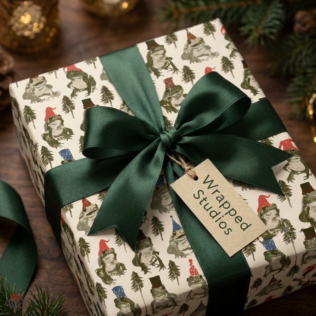 Whimsical frog Christmas wrapping paper with a green satin bow and Wrapped Studios tag.