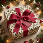 Whimsical frog Christmas wrapping paper with a red bow and Wrapped Studios tag in festive holiday decor.