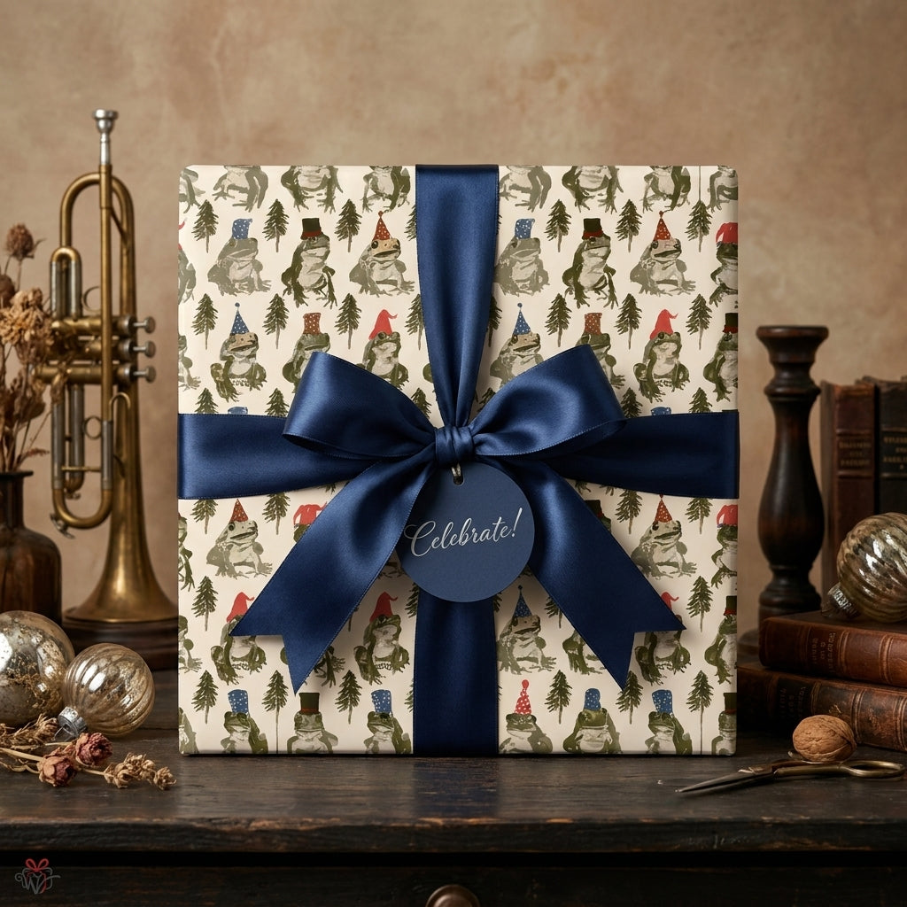 Whimsical frog birthday wrapping paper with a navy blue bow and tag by Wrapped Studios.