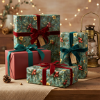 Elegant Christmas gifts wrapped in floral paper with velvet ribbons displayed on a rustic wooden table.