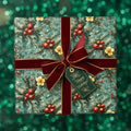 Square Christmas gift wrapped in floral wrapping paper with red velvet ribbon and "Happy Holidays" tag.