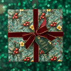 Square Christmas gift wrapped in floral wrapping paper with red velvet ribbon and "Happy Holidays" tag.