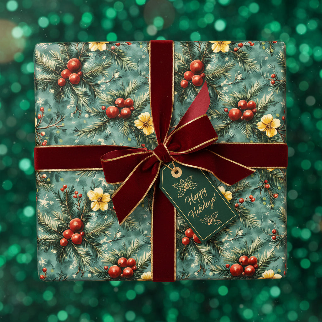 Square Christmas gift wrapped in floral wrapping paper with red velvet ribbon and "Happy Holidays" tag.