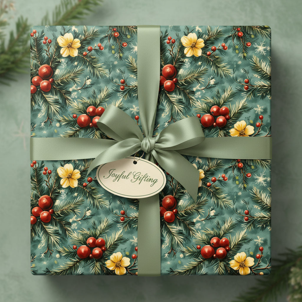 Elegant Christmas gift wrapped in floral paper with red berries, evergreen branches and sage green ribbon.