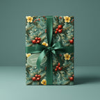 Rectangular gift wrapped in floral Christmas wrapping paper with a green ribbon and bow.