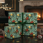 Elegant Christmas gift wrap with a floral and berry pattern, tied with a green velvet ribbon.