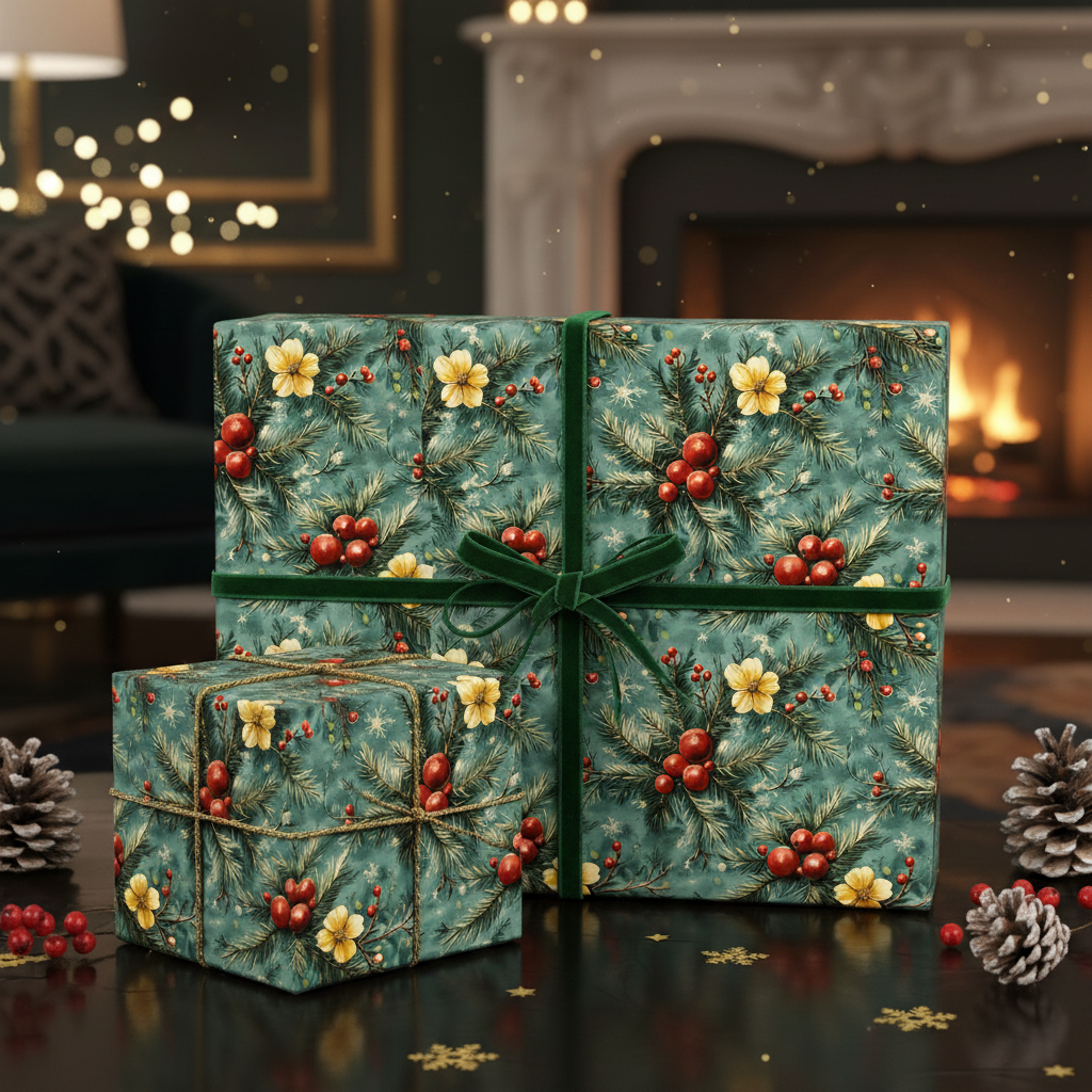 Elegant Christmas gift wrap with a floral and berry pattern, tied with a green velvet ribbon.