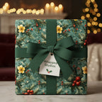 Close-up of a Christmas present wrapped in floral gift wrap with green ribbon and bow; holiday scene.