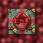 Square gift with floral Christmas wrapping paper, tied with a red and gold ribbon.
