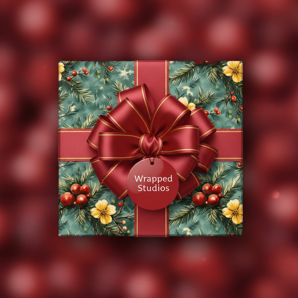 Square gift with floral Christmas wrapping paper, tied with a red and gold ribbon.