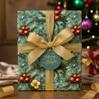 Wrapped Christmas present with teal floral wrapping paper, gold ribbon, and a "Merry & Bright" tag.