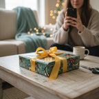 Elegant Christmas gift wrap with a gold ribbon on a table, with a woman using her phone in the background.