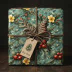 Elegant Christmas gift wrapped in floral paper with pine branches, red berries, and brown twine.