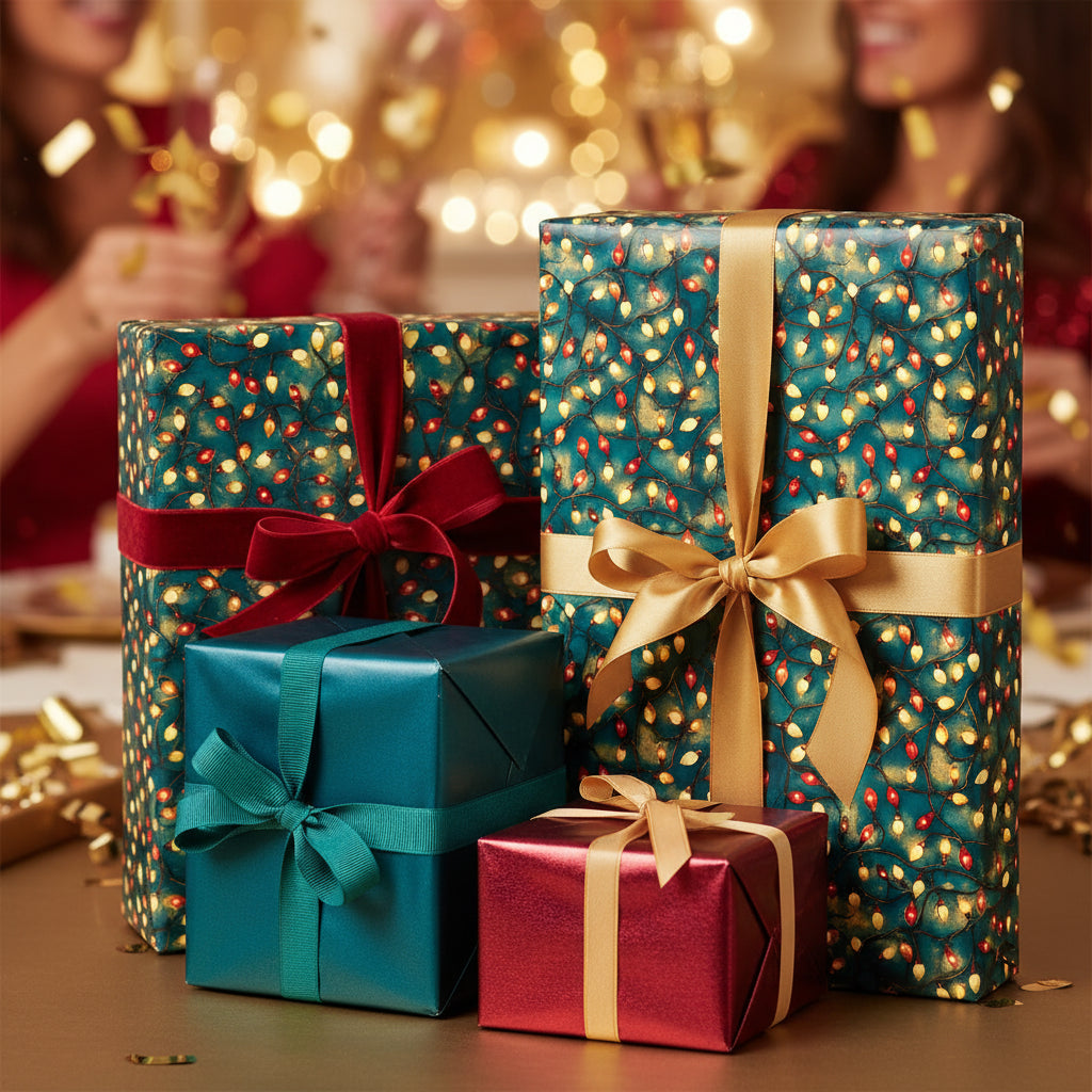 Luxurious Christmas gift wrap with string light pattern, tied with gold and velvet ribbons for festive celebrations.