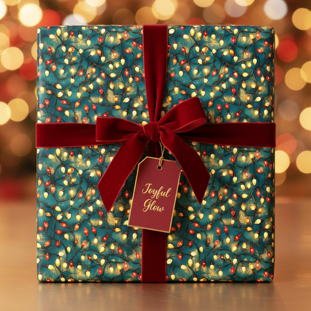 Teal Christmas gift with vintage string light wrapping paper and red velvet ribbon, tag reads "Joyful Glow."