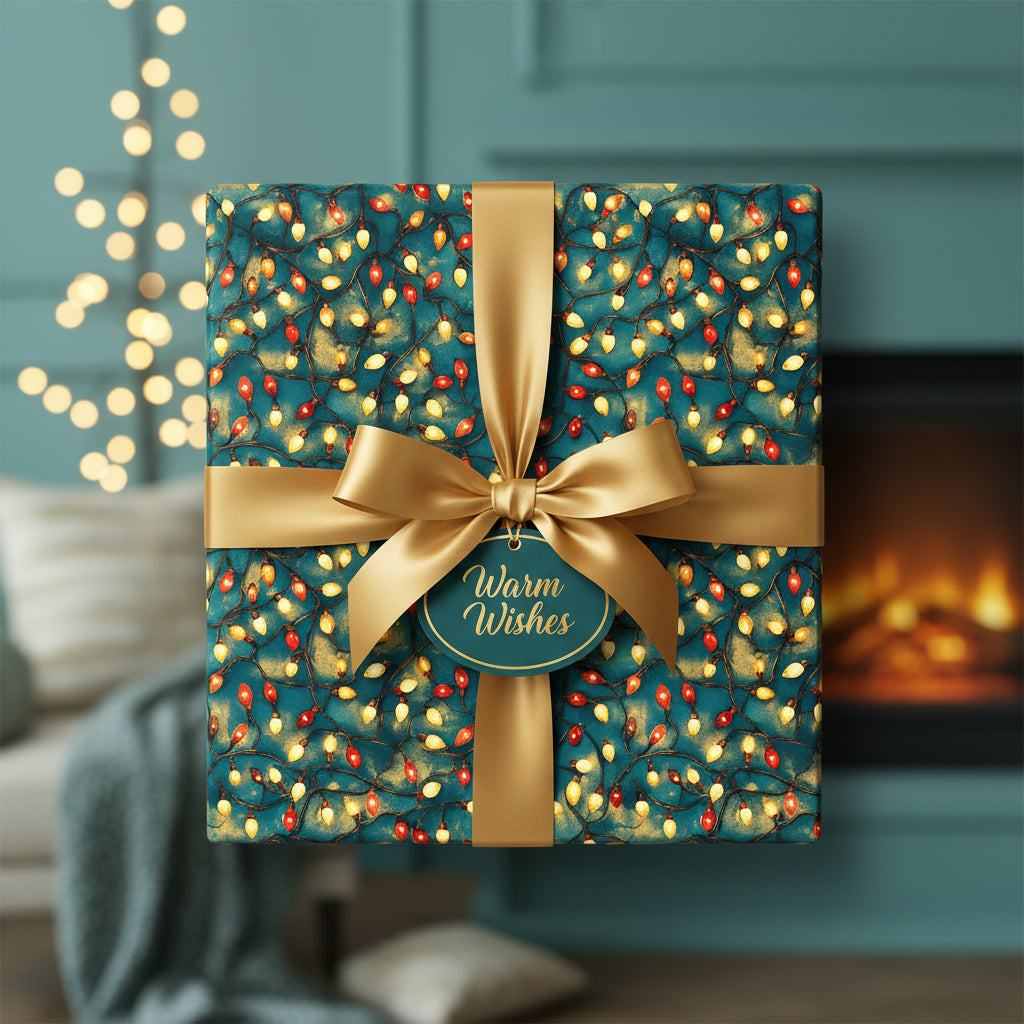 Elegant Christmas gift wrap with gold ribbon, featuring a teal and lightbulb pattern.