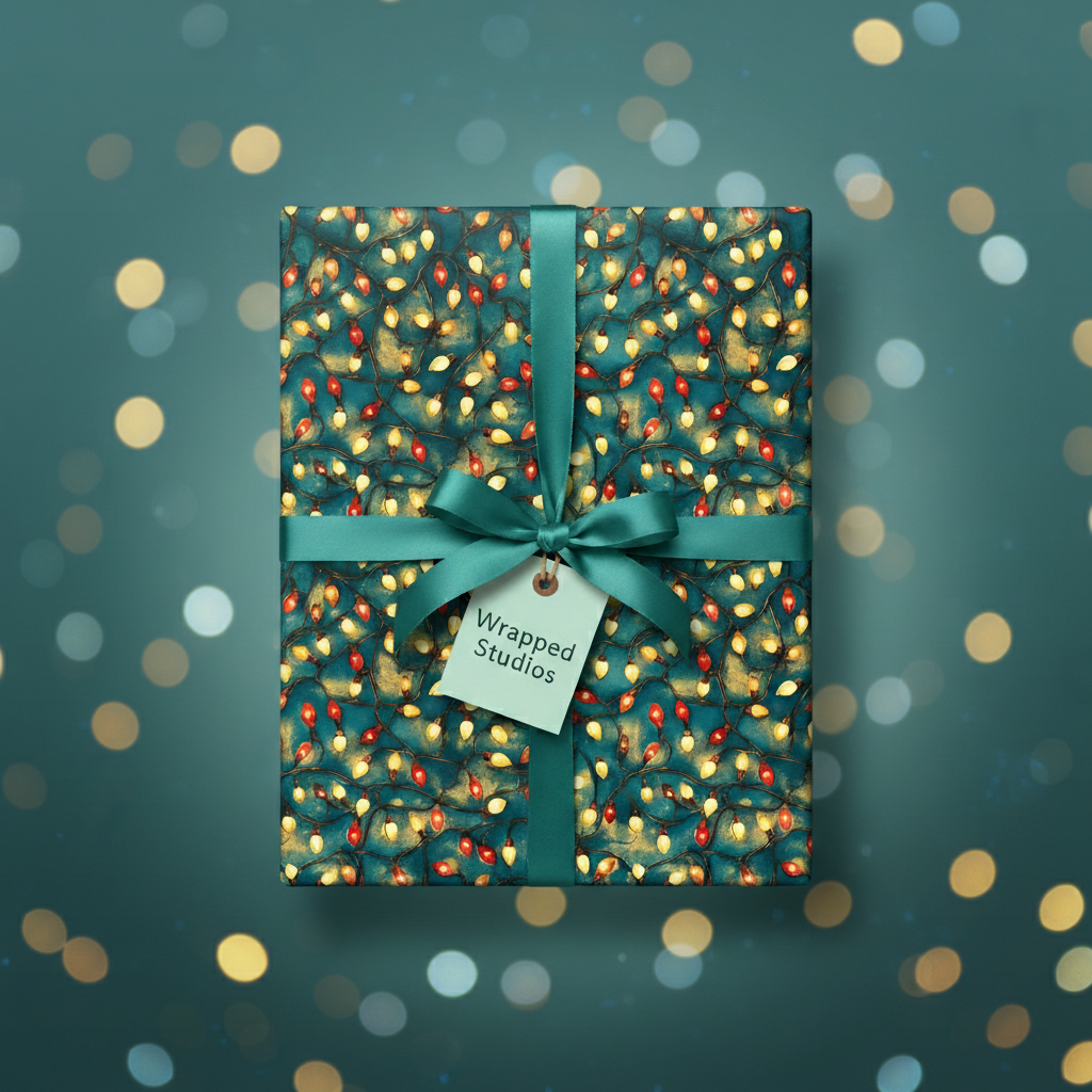 Teal Christmas gift wrap with a vintage string light pattern and satin ribbon.