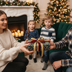 Family exchanging gifts wrapped in festive Christmas gift wrap with gold ribbon by the fireplace.