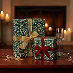 Festive gift boxes wrapped in teal Christmas light wrapping paper with gold & red velvet bows.
