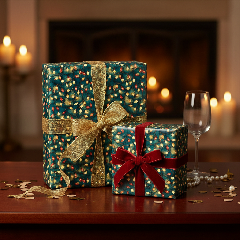 Festive gift boxes wrapped in teal Christmas light wrapping paper with gold & red velvet bows.