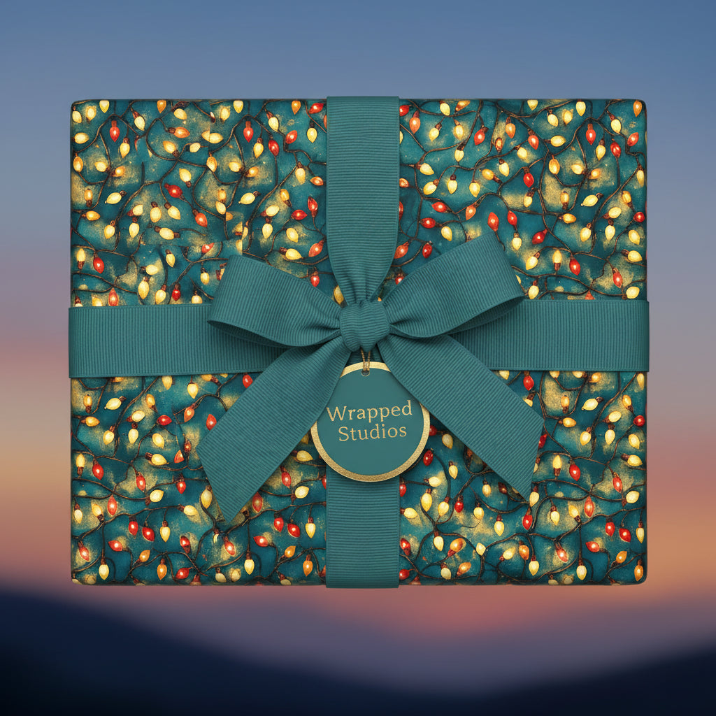 Teal Christmas gift wrap with festive string lights pattern and matching bow.