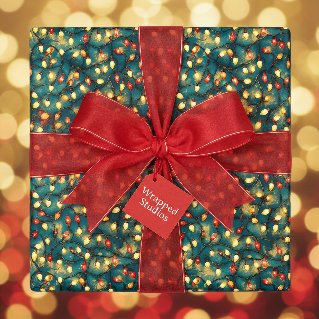 Teal Christmas gift wrap with a retro holiday lights pattern, tied with a sheer red ribbon and bow.