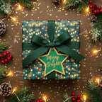 Festive Christmas gift wrap featuring a light bulb design, emerald ribbon, and a star tag.