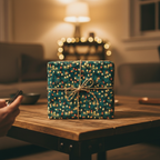 Square gift wrapped in teal Christmas light wrapping paper with twine bow on a wood table.