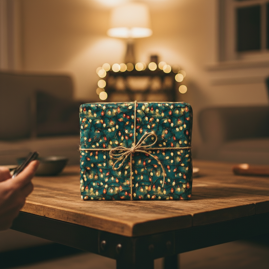 Square gift wrapped in teal Christmas light wrapping paper with twine bow on a wood table.