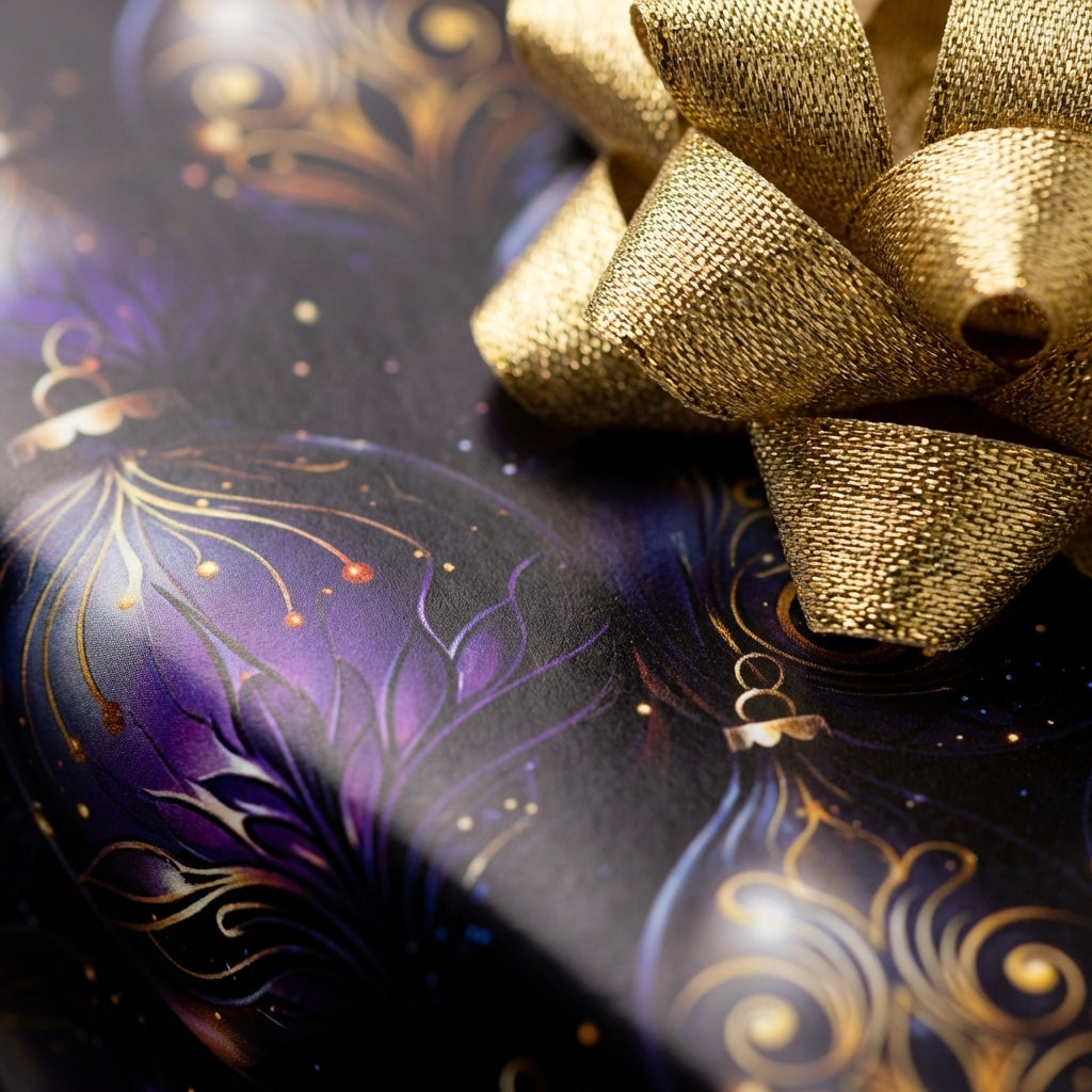 Luxury gift wrap with gold bow on dark purple Christmas ornament paper.