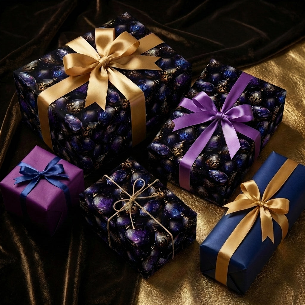 Luxury Christmas gift wrap with purple and gold ornaments, gold and purple ribbon. Wrapped Studios.