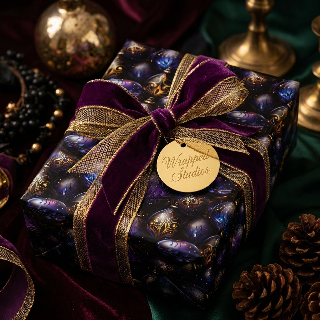 Wrapped Studios luxury gift wrap with a dark floral pattern, plum velvet ribbon, and gold accents.