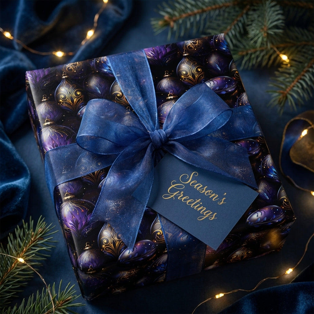 Elegant Christmas gift wrap featuring ornament design and blue ribbon. "Season's Greetings" gift tag.