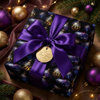 Elegant Christmas gift wrapped in ornamental ball wrapping paper and purple satin ribbon.
