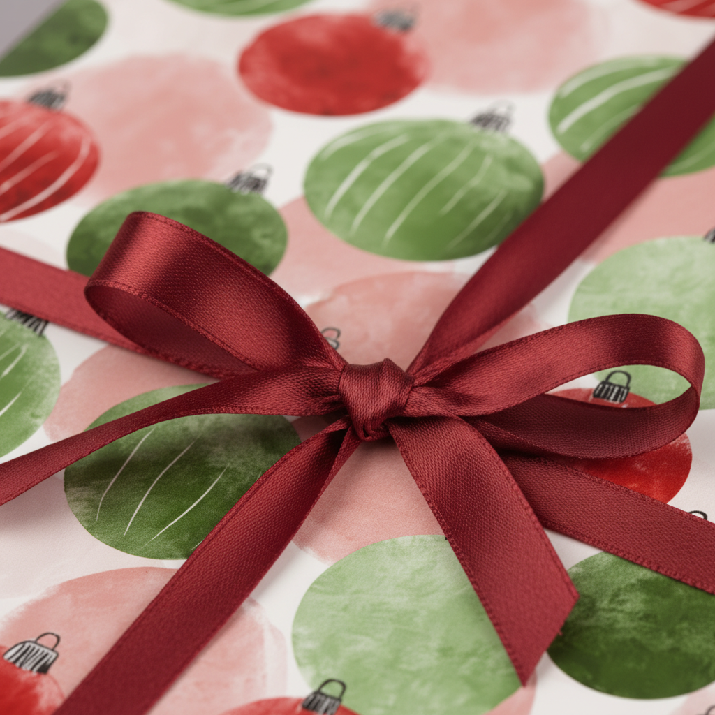 Festive Christmas gift wrap with a watercolor ornament pattern in red and green, tied with a luxurious deep red ribbon bow.