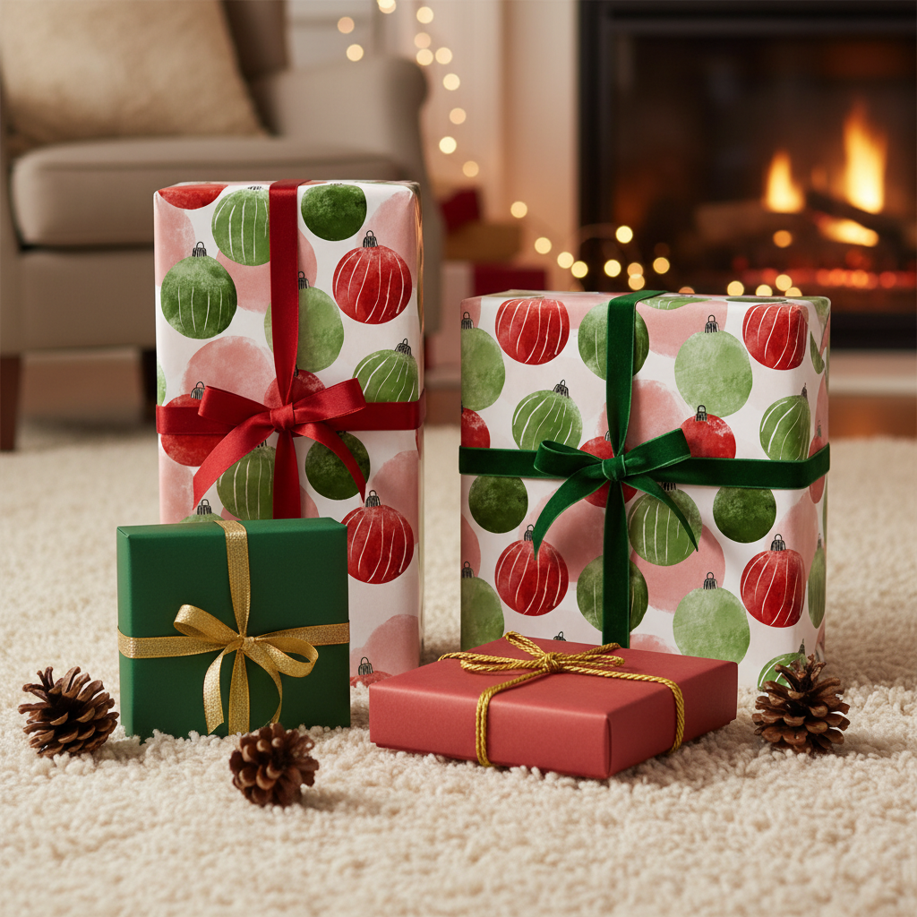 Christmas ornament wrapping paper in red and green with festive bows, surrounded by pinecones, by a cozy fireplace.