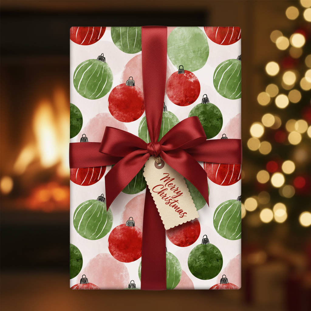 Christmas gift wrapped in festive red and green watercolor ornament paper with a dark red satin bow and "Merry Christmas" tag, by a fireplace.