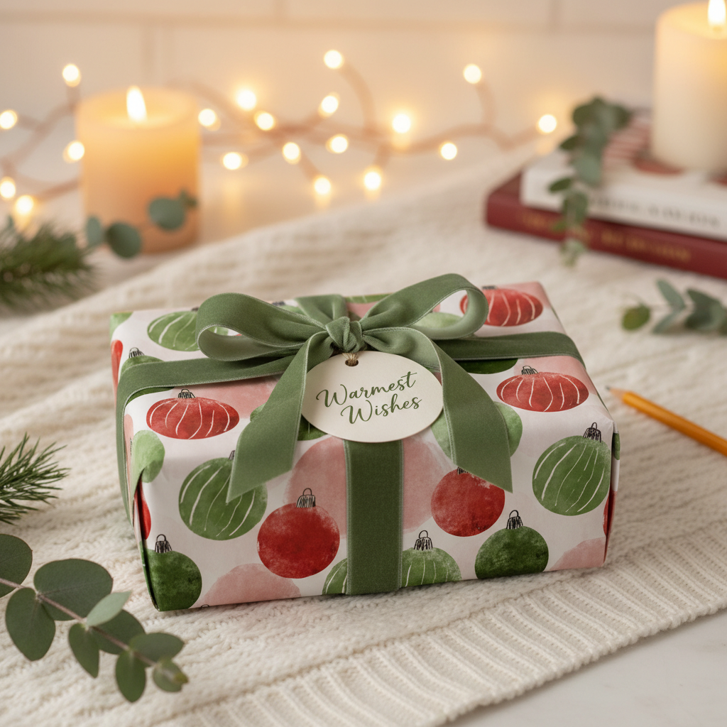 Christmas gift wrap with red and green ornament pattern, tied with a sage velvet ribbon and "Warmest Wishes" tag.