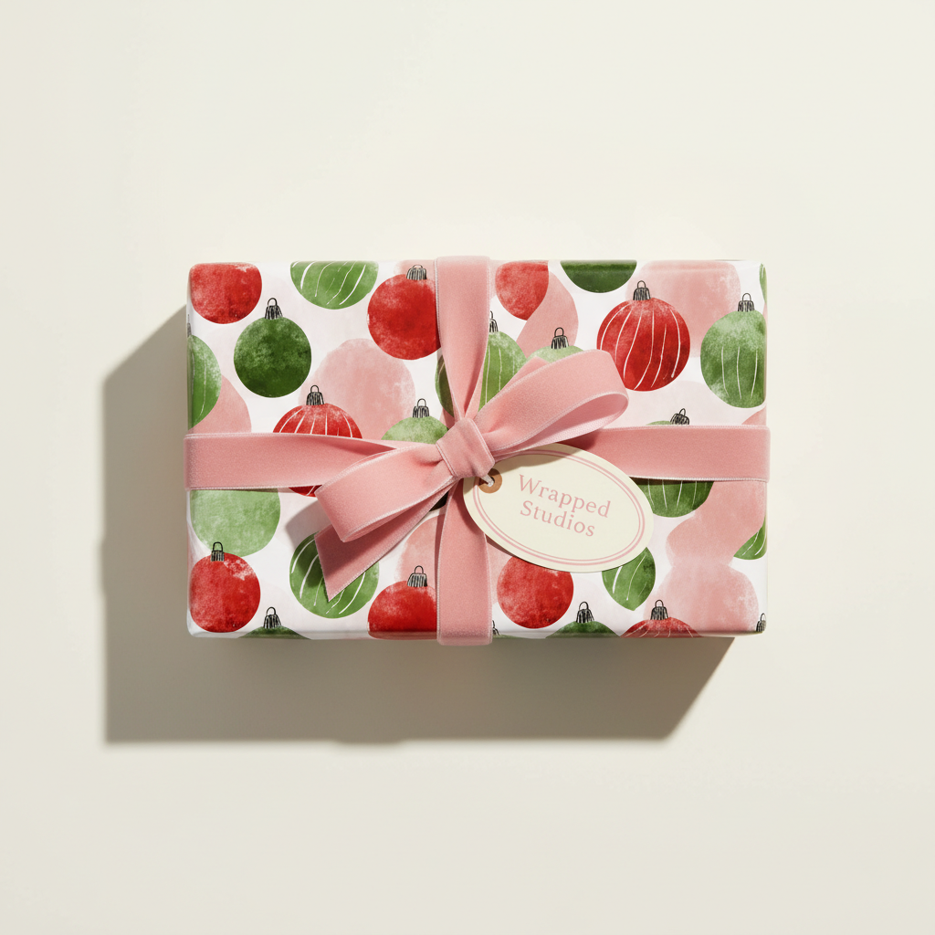 Christmas wrapping paper with red and green ornament pattern, tied with a pink velvet ribbon and "Wrapped Studios" gift tag.