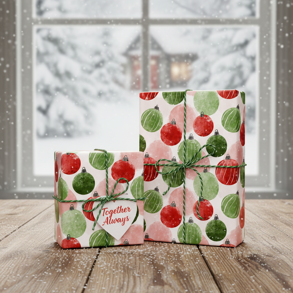 Christmas gift wrap with red and green ornament pattern, tied with green twine and a "Together Always" tag, on a snowy wooden table.