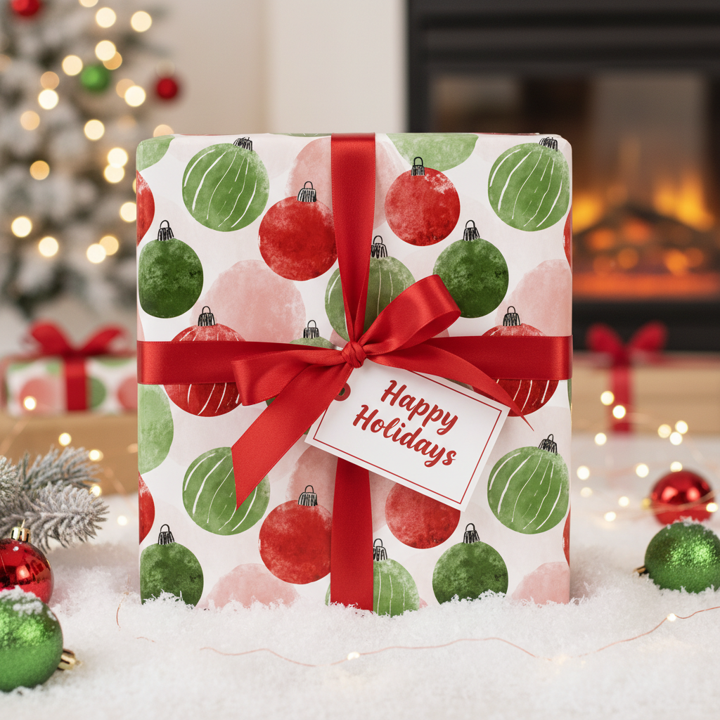Christmas wrapping paper with red and green ornament pattern, tied with a red ribbon and "Happy Holidays" tag, on faux snow.