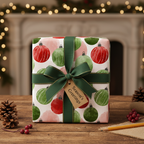 Festive Christmas gift wrap with red and green ornament pattern, tied with a dark green ribbon and "Season's Greetings" tag.