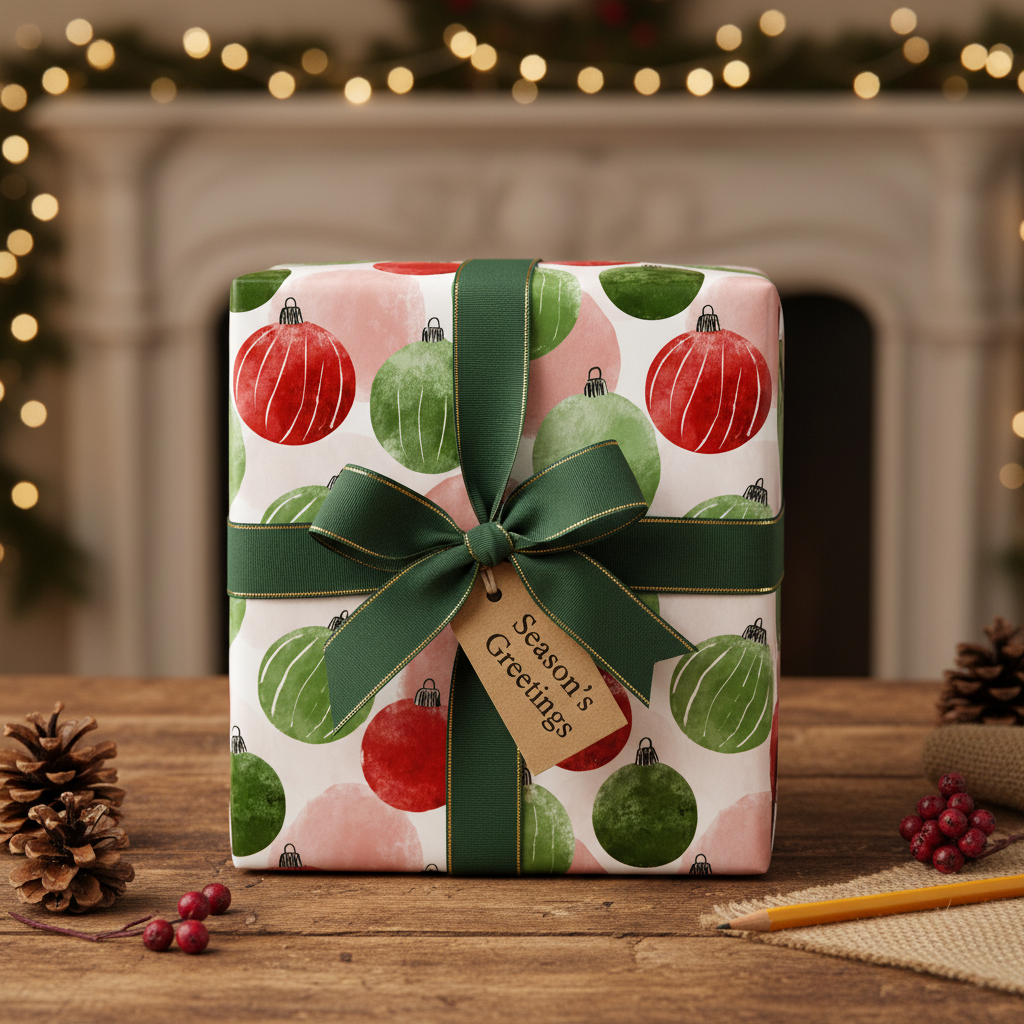 Festive Christmas gift wrap with red and green ornament pattern, tied with a dark green ribbon and "Season's Greetings" tag.